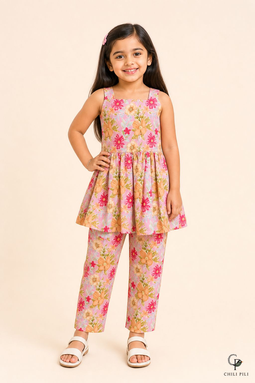 Girls Floral Printed Peplum Co-ord Set Pink - front view