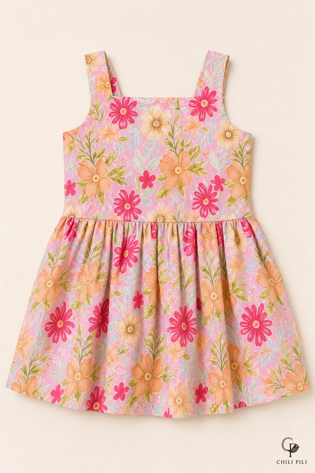 Girls Floral Printed Peplum Co-ord Set Pink - close-up detail of top