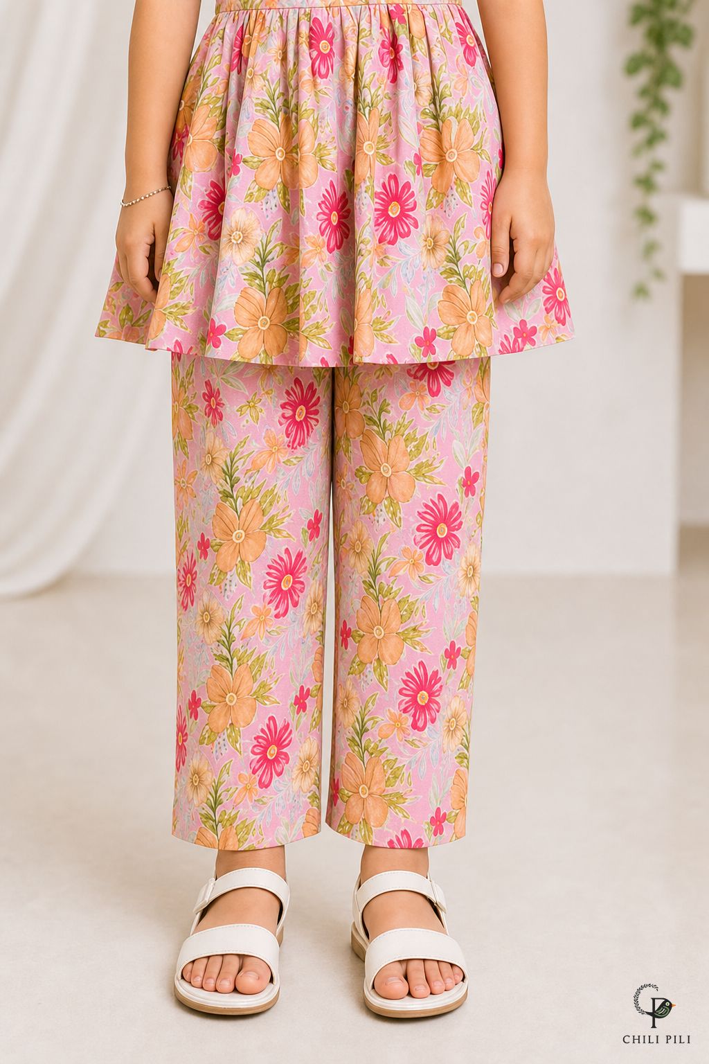 Girls Floral Printed Peplum Co-ord Set Pink - close-up detail of bottom