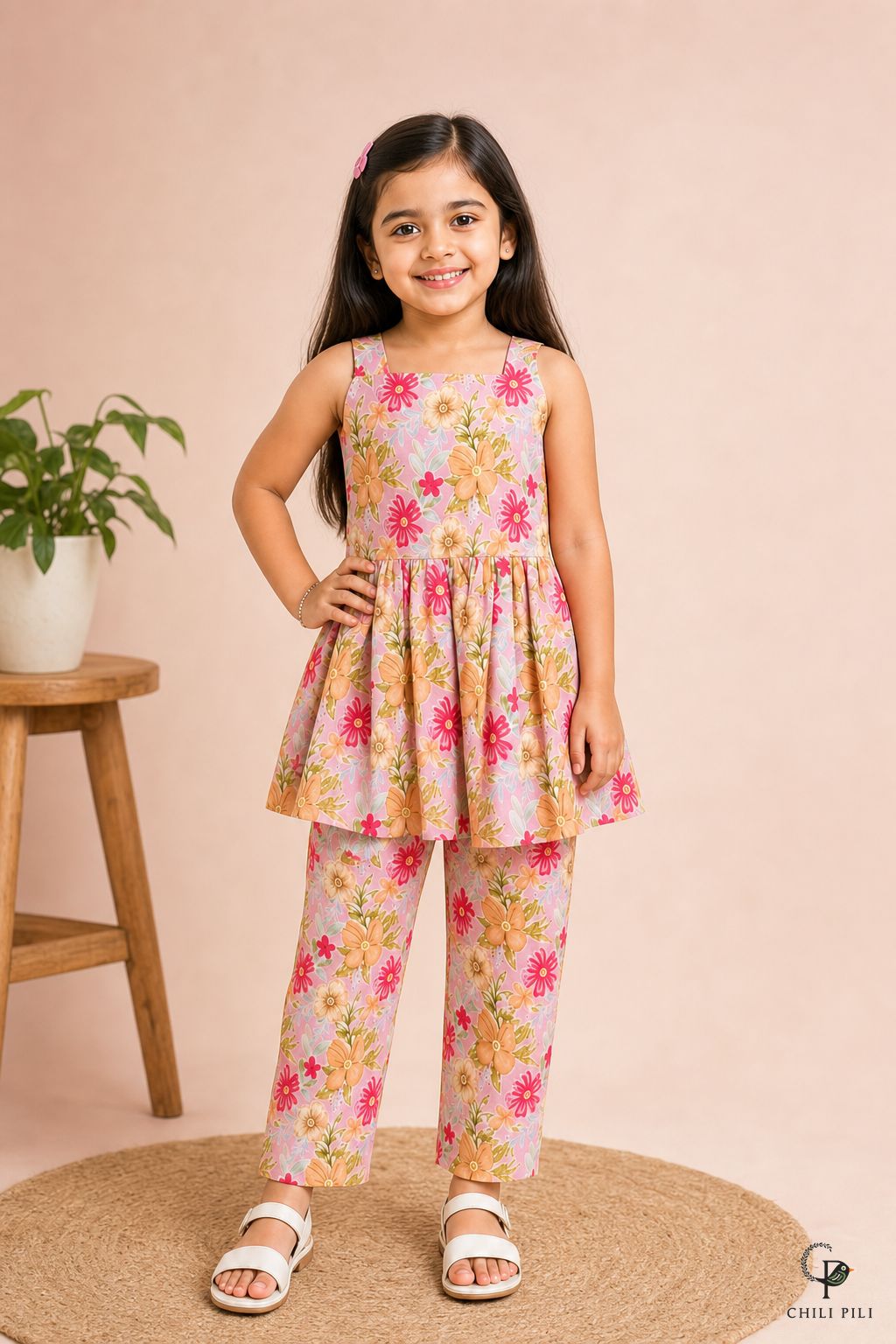 Girls Floral Printed Peplum Co-ord Set Pink - festive lifestyle shot