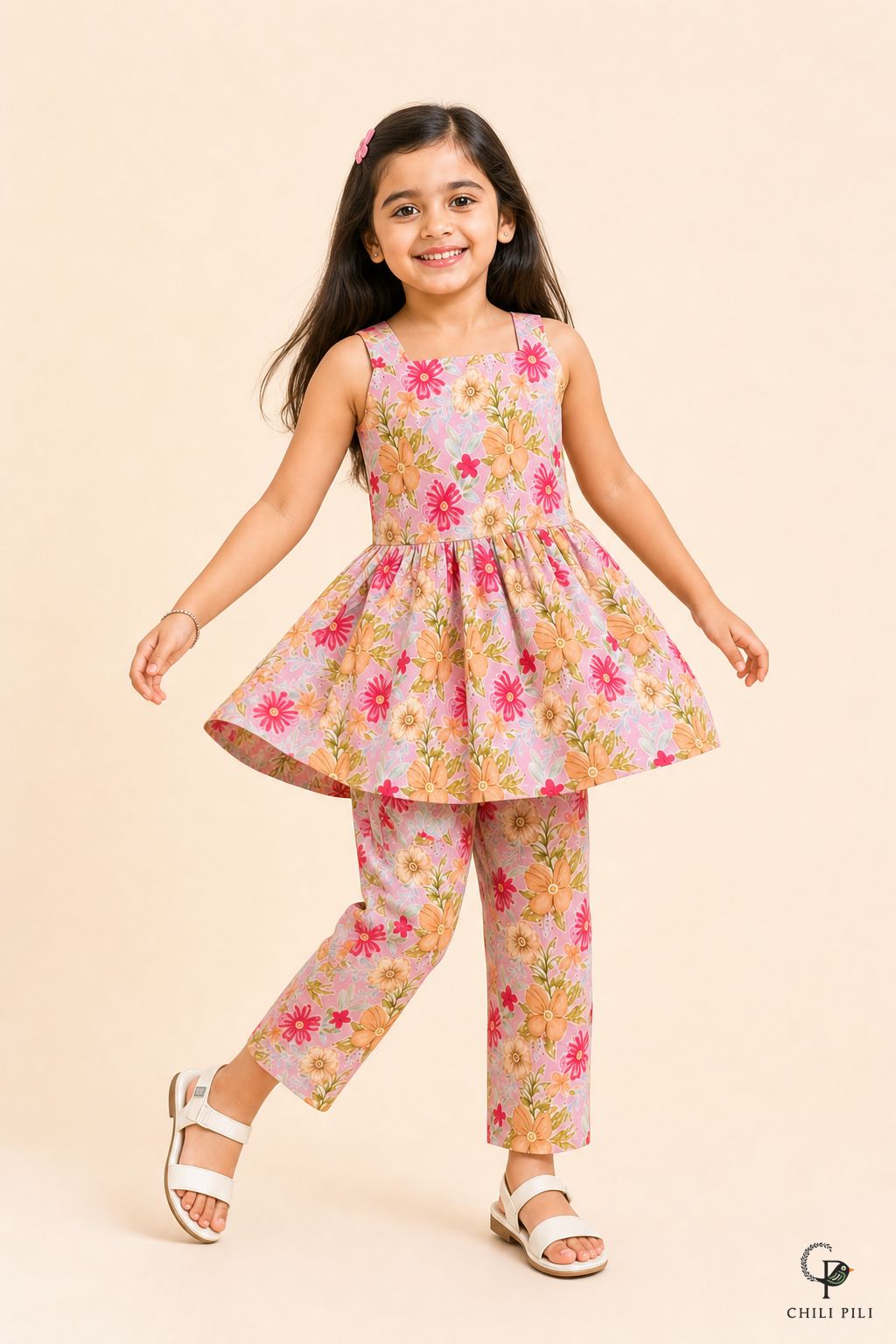 Girls Floral Printed Peplum Co-ord Set Pink - lifestyle movement shot