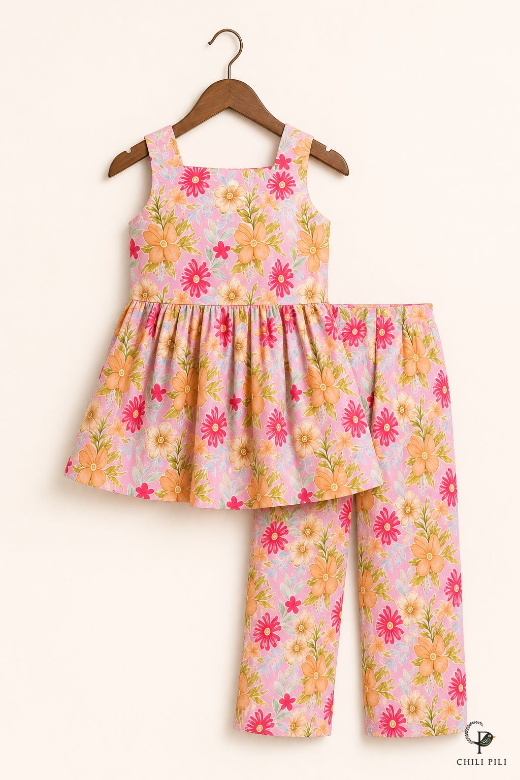 Girls Floral Printed Peplum Co-ord Set Pink - full set on hanger