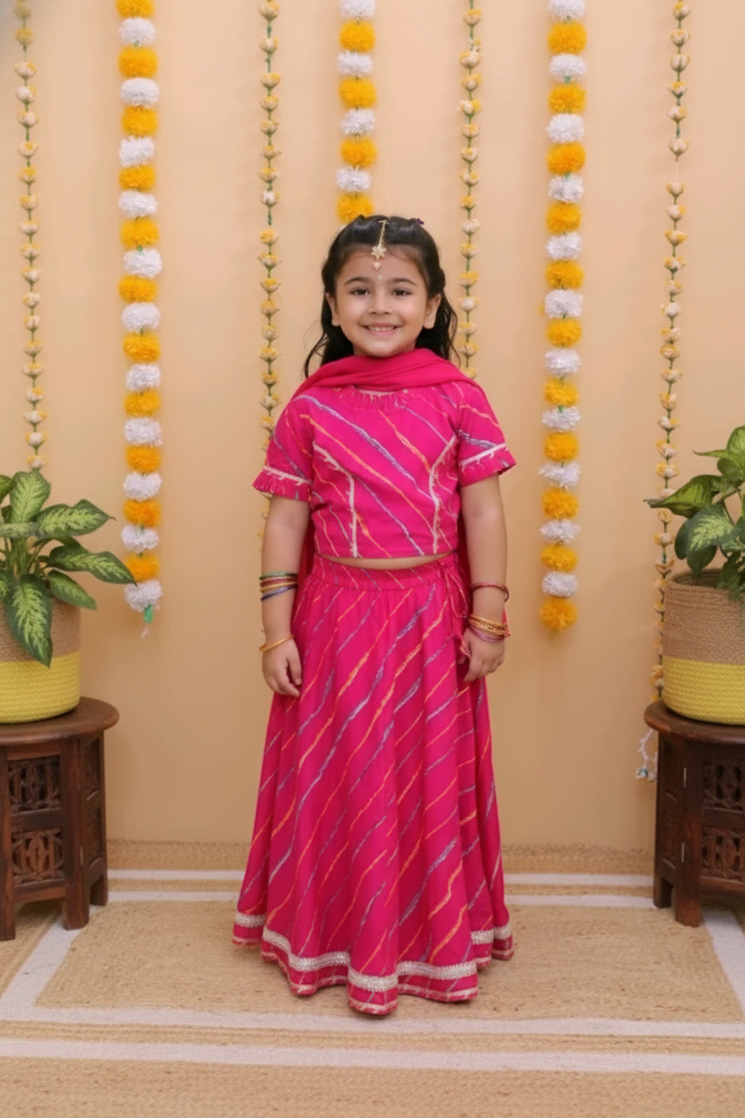 Girls Leheriya Striped Lehenga Set Pink - front view