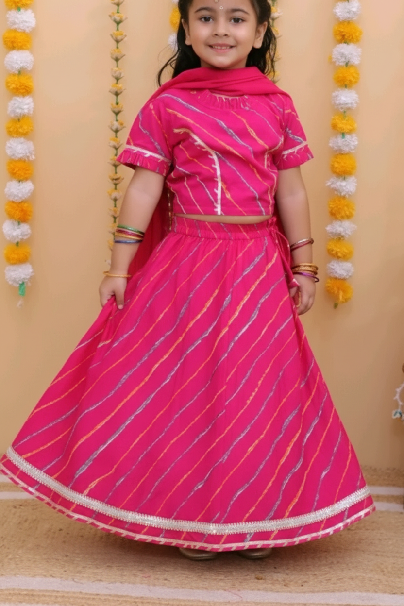 Girls Leheriya Striped Lehenga Set Pink - close-up detail of lehenga and silver border