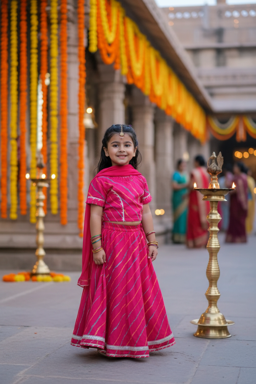 Girls Leheriya Striped Lehenga Set Pink - festive lifestyle shot