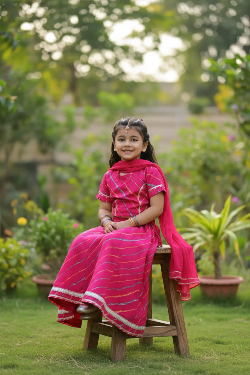 Girls Leheriya Striped Lehenga Set Pink - lifestyle outdoor shot
