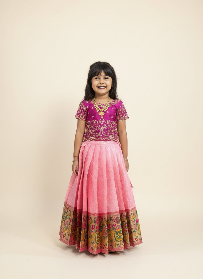 Girls Embroidered Paithani Pattu Pavadai Set in Pink - Silk Pavadai for kids - front view