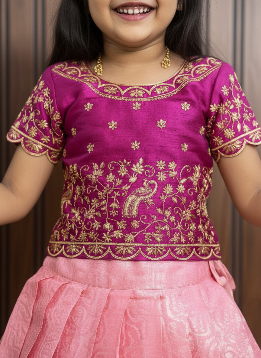 Girls Embroidered Paithani Pattu Pavadai Set in Pink - close-up detail of peacock embroidery