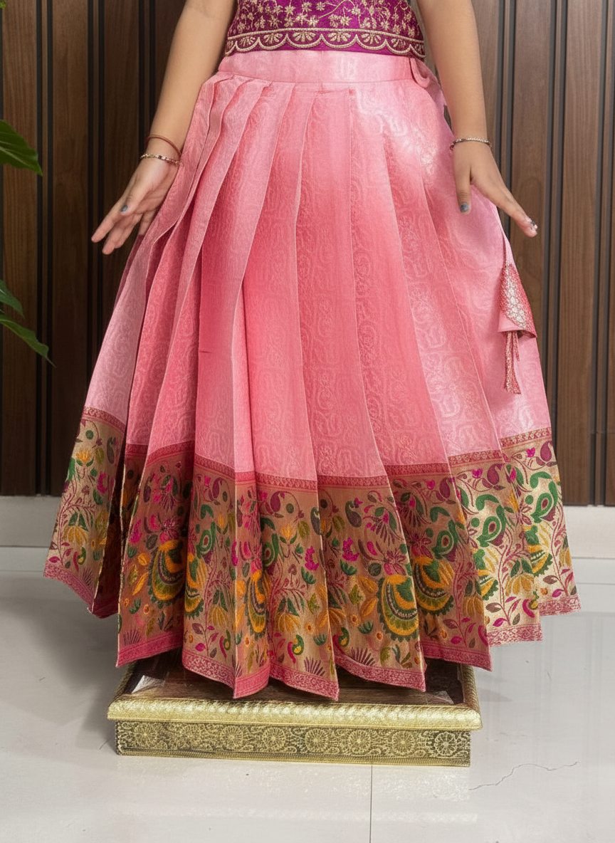 Girls Embroidered Paithani Pattu Pavadai Set in Pink - close-up detail of Paithani border
