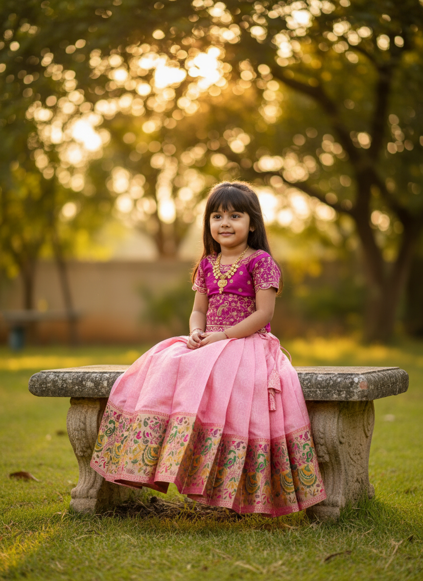 Girls Embroidered Paithani Pattu Pavadai Set in Pink - seated garden lifestyle shot