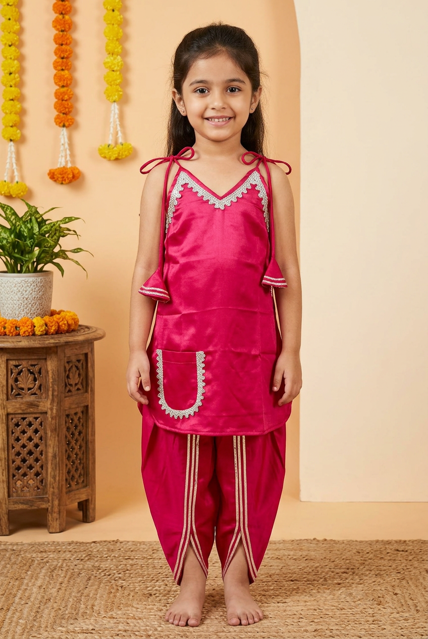 Girls Embroidered Satin Dhoti Set Pink - front view