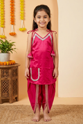 Girls Embroidered Satin Dhoti Set Pink - front view