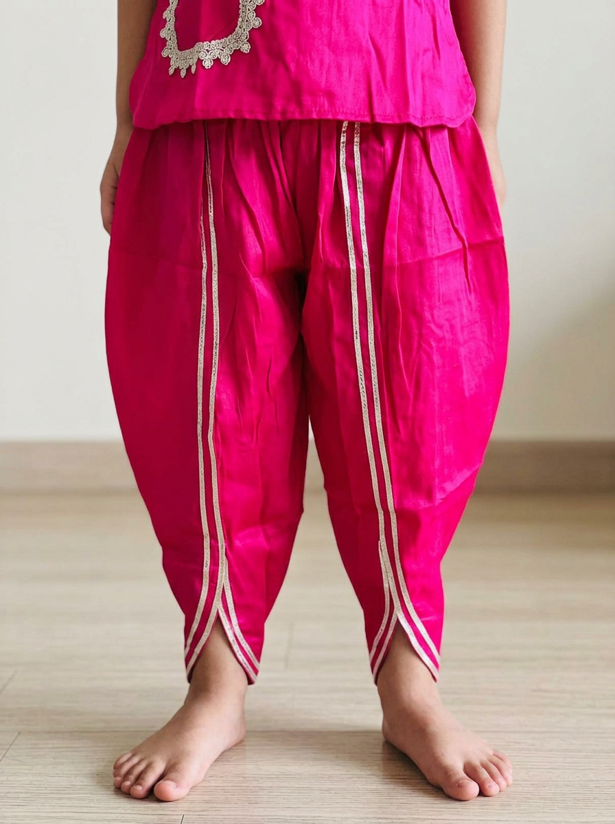 Girls Embroidered Satin Dhoti Set Pink - close-up detail of dhoti pants