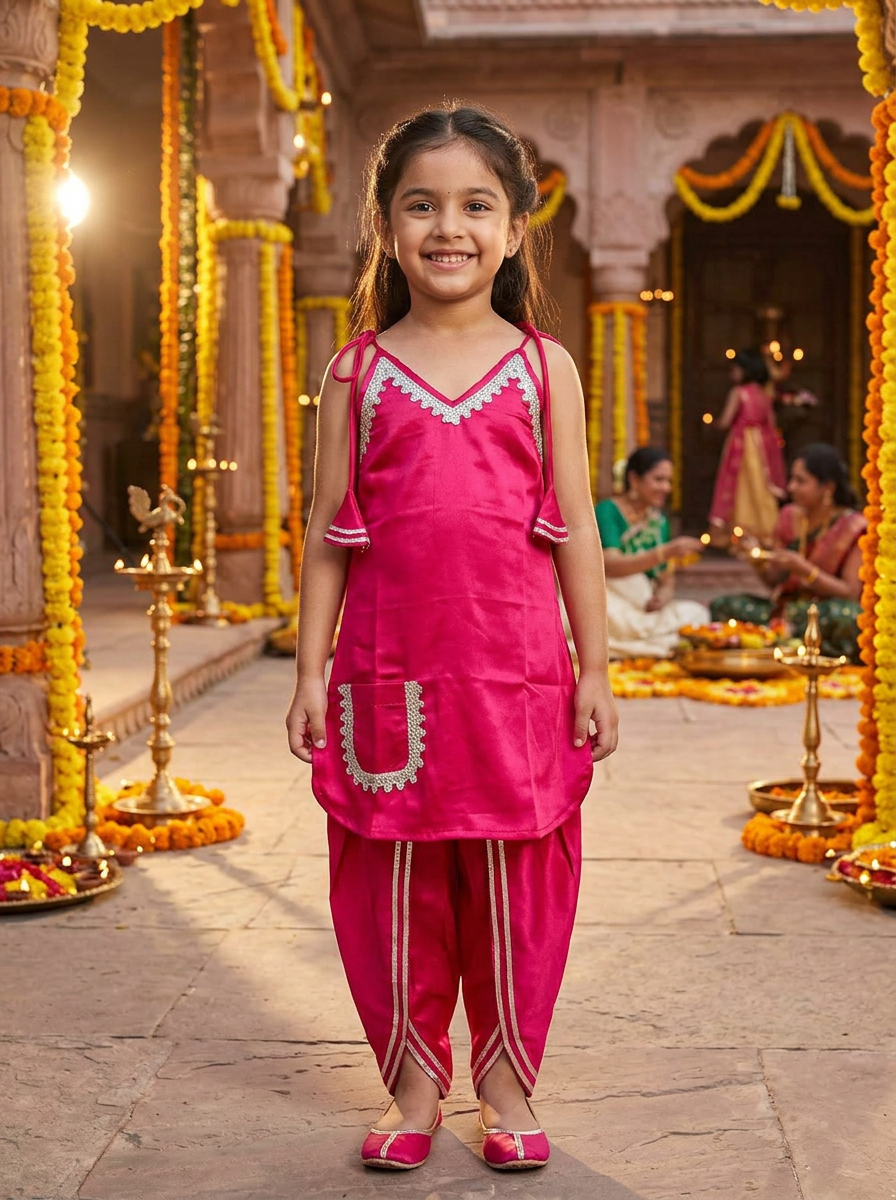 Girls Embroidered Satin Dhoti Set Pink - festive lifestyle shot
