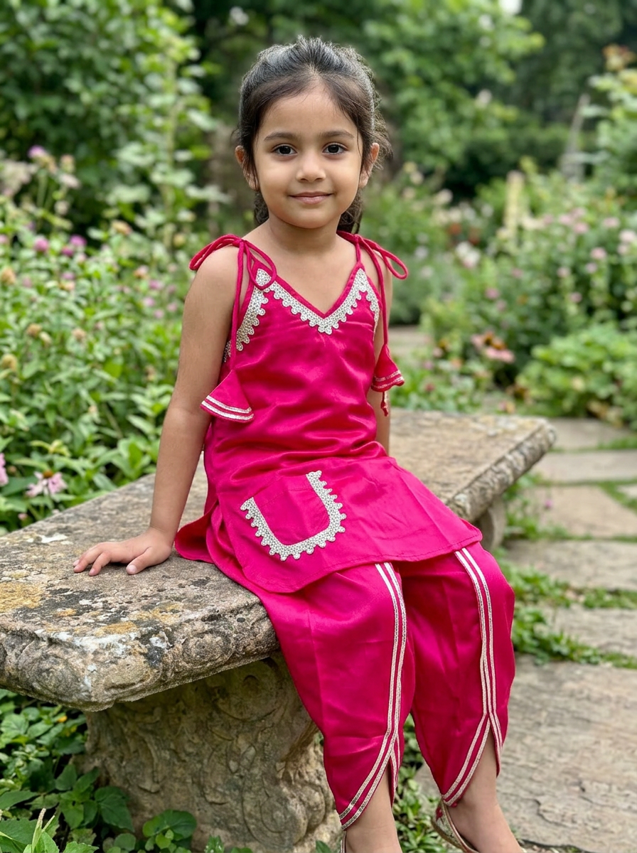 Girls Embroidered Satin Dhoti Set Pink - lifestyle outdoor shot