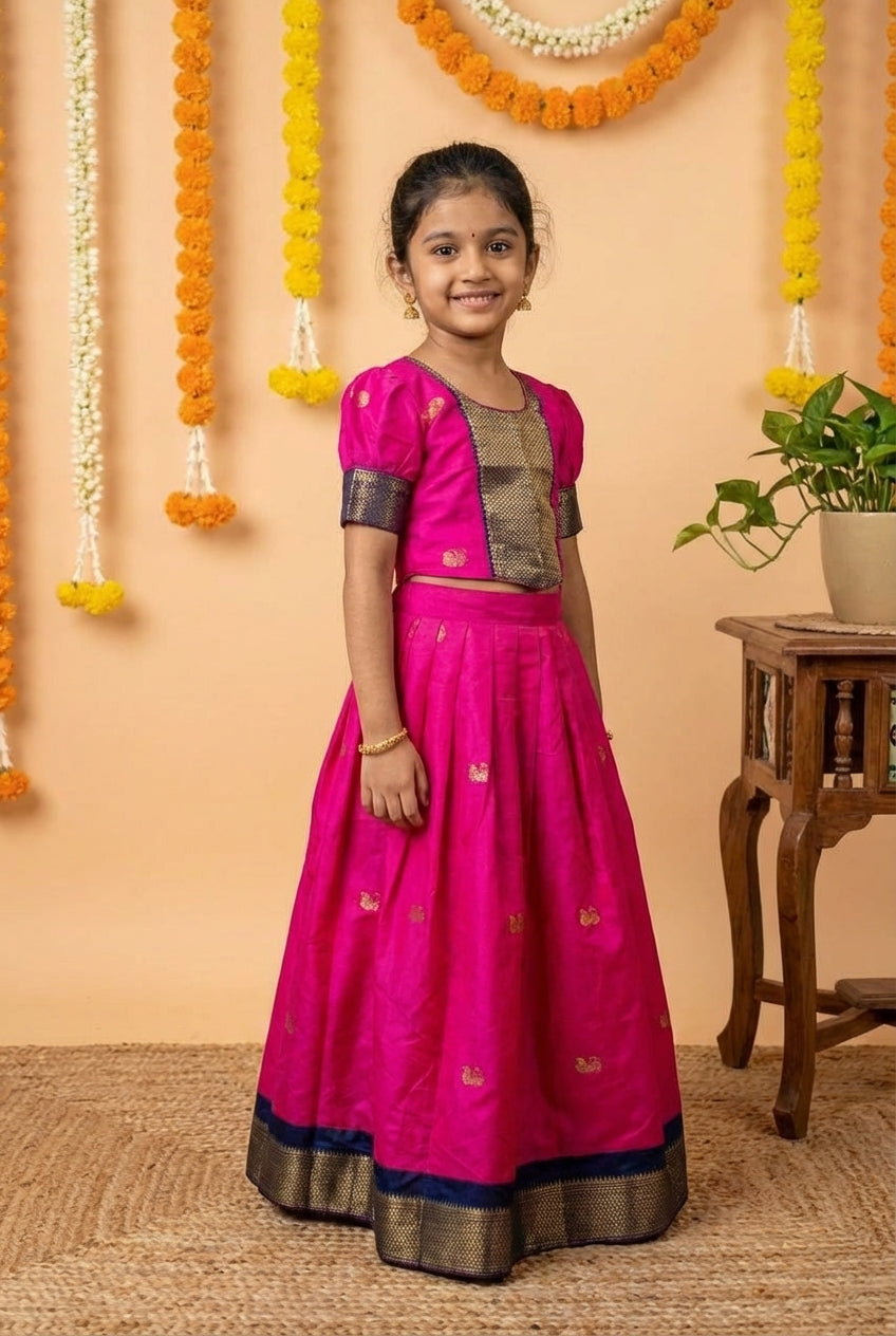 Zari Buti Silk Pattu Pavadai Set Pink
