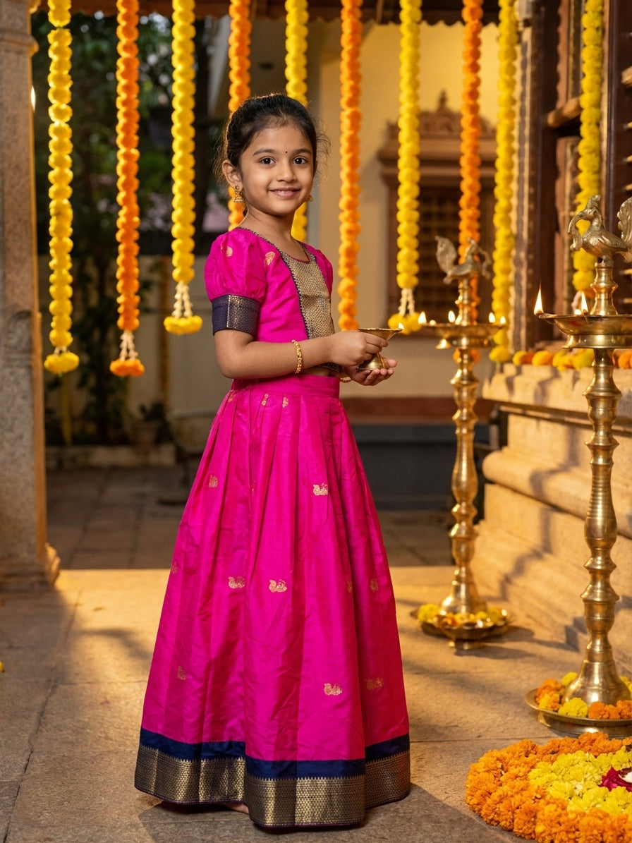 Zari Buti Silk Pattu Pavadai Set Pink