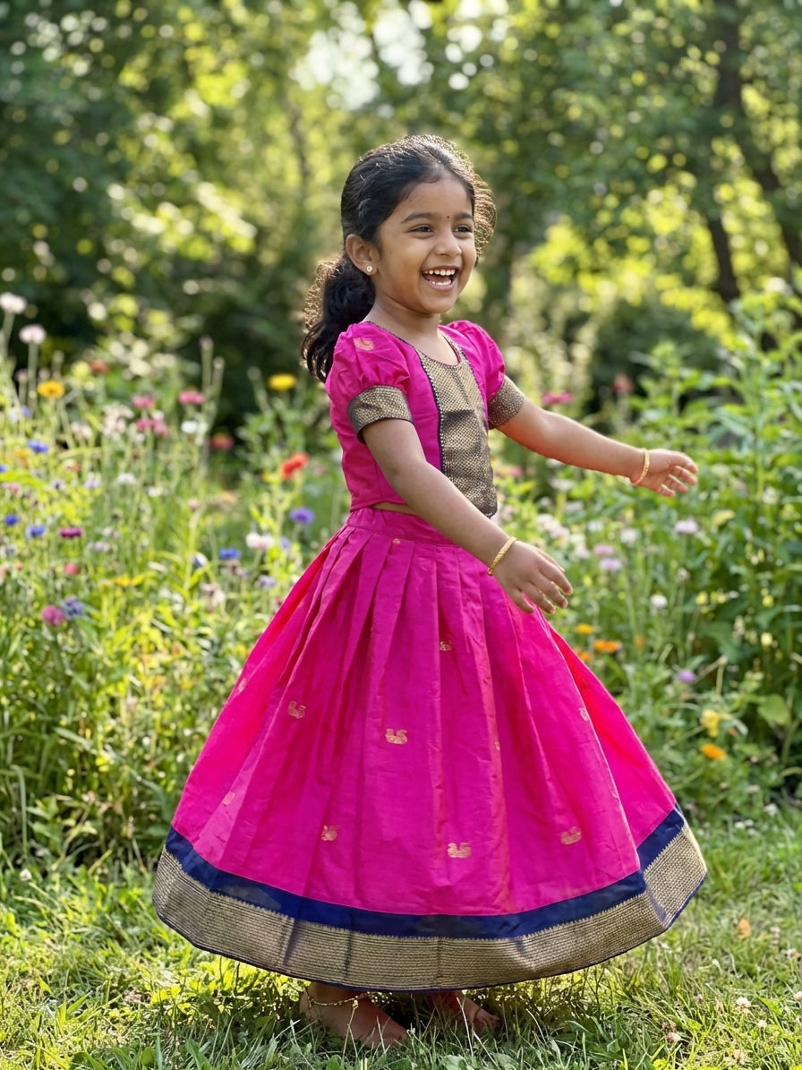 Zari Buti Silk Pattu Pavadai Set Pink