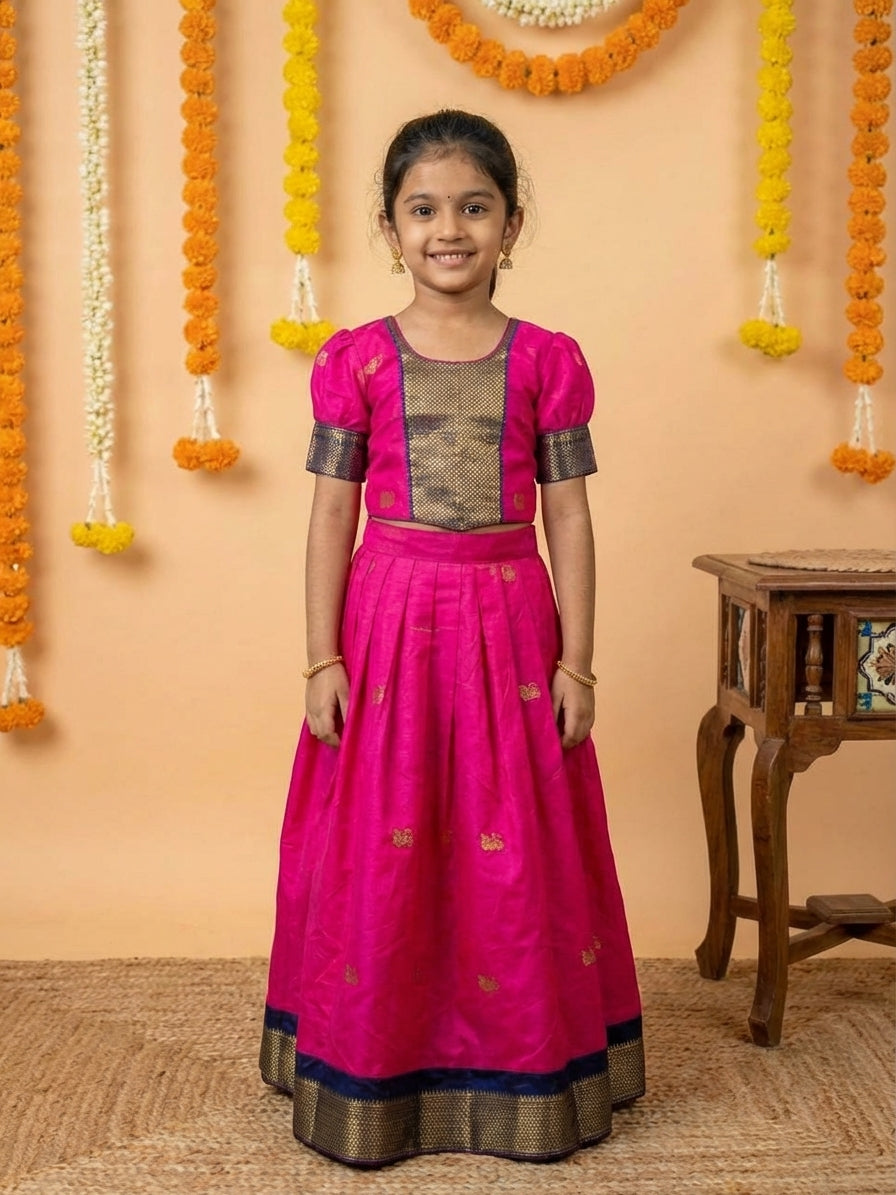Zari Buti Silk Pattu Pavadai Set Pink