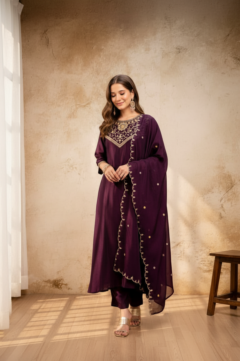 Purple Embroidered Kurti Pants Set - hero shot