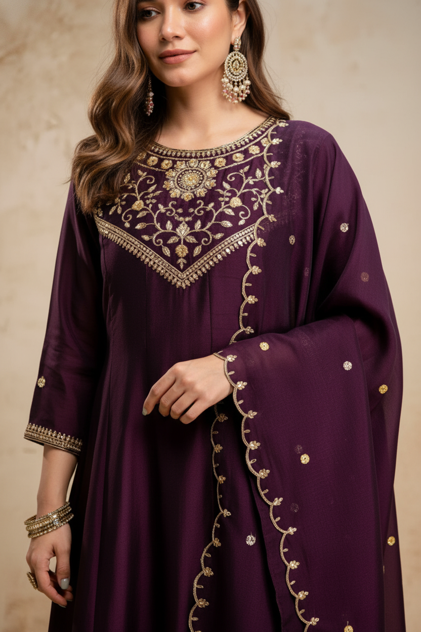 Purple Embroidered Kurti Pants Set - close-up of top and embroidery