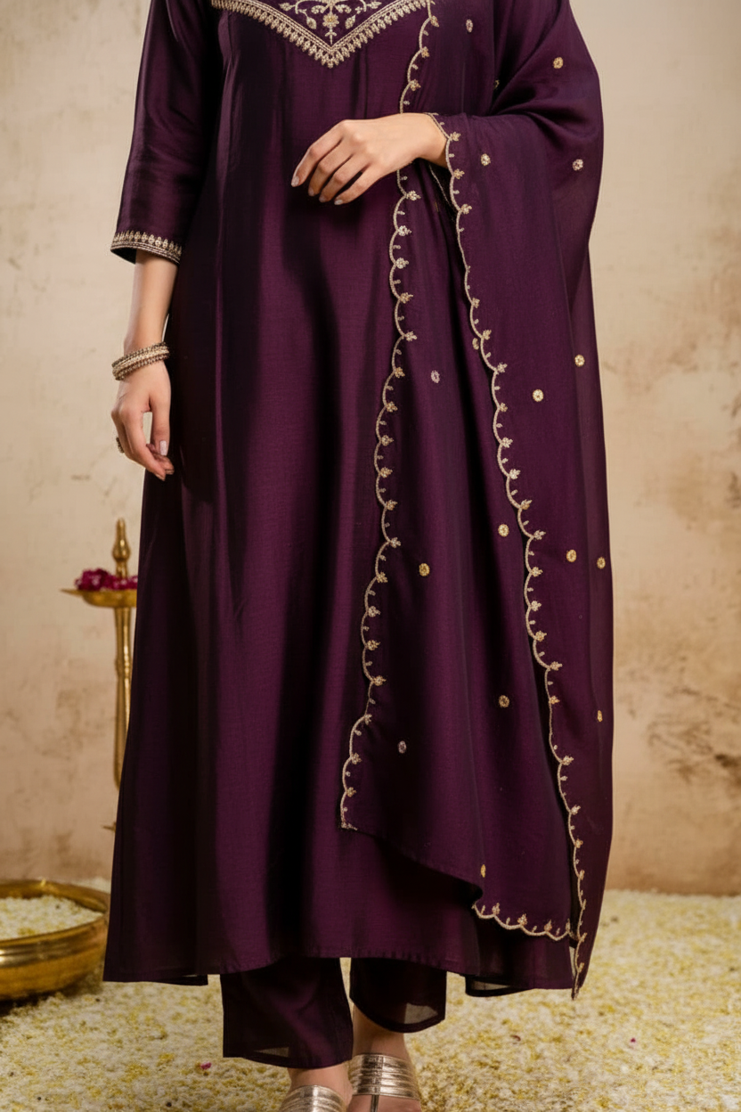 Purple Embroidered Kurti Pants Set - close-up of bottom and hem