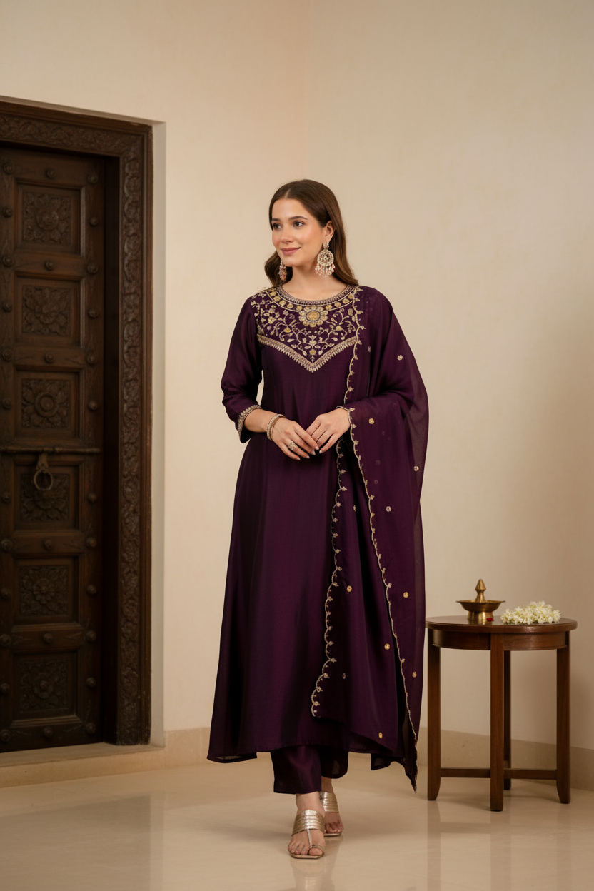Purple Embroidered Kurti Pants Set - lifestyle festive shot