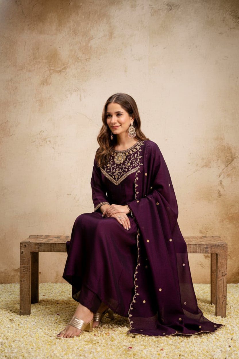 Purple Embroidered Kurti Pants Set - lifestyle seated shot