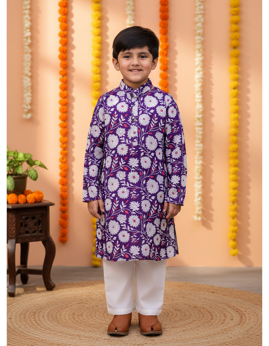 Boys Floral Printed Kurta Pajama Set Purple - front view