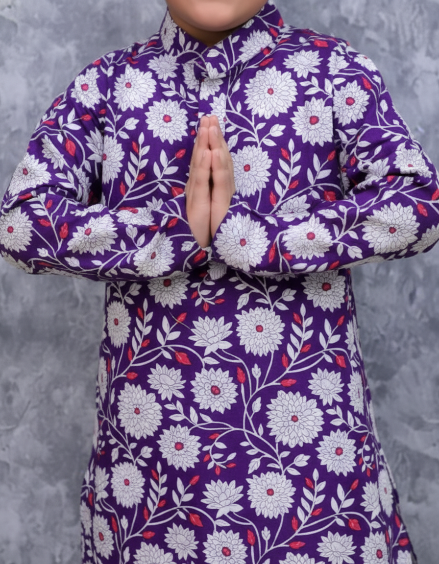 Boys Floral Printed Kurta Pajama Set Purple - close-up detail of kurta