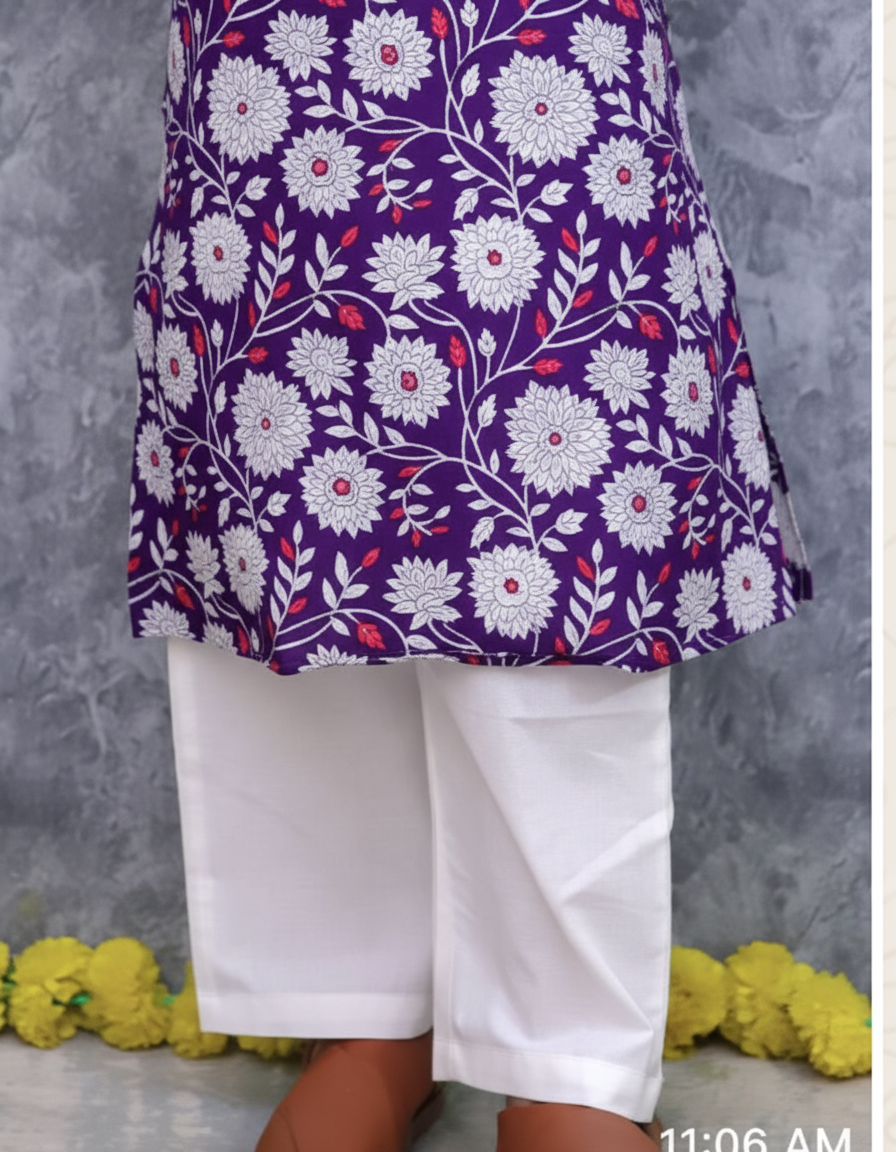 Boys Floral Printed Kurta Pajama Set Purple - close-up detail of kurta hem