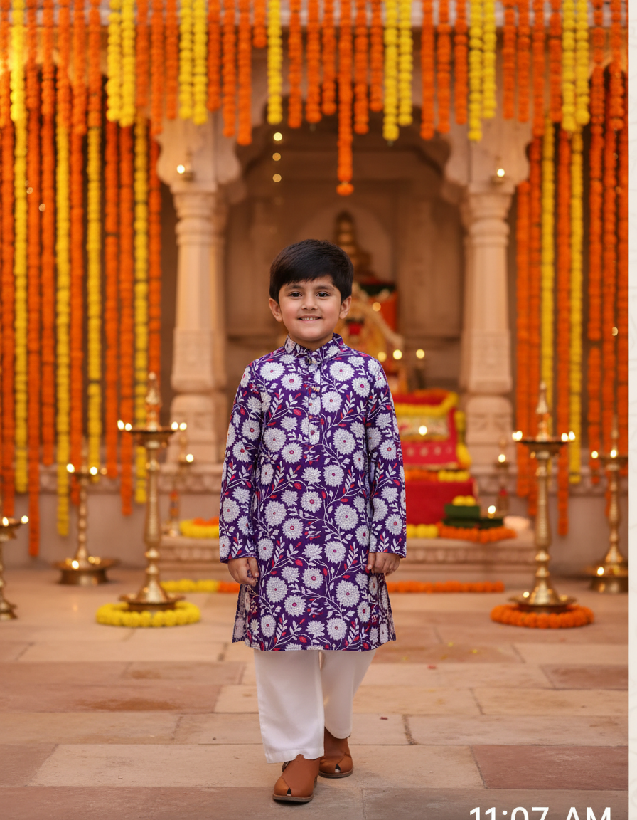 Boys Floral Printed Kurta Pajama Set Purple - festive lifestyle shot