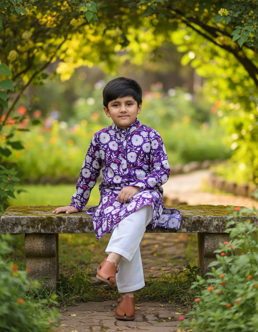 Boys Floral Printed Kurta Pajama Set Purple - lifestyle outdoor shot
