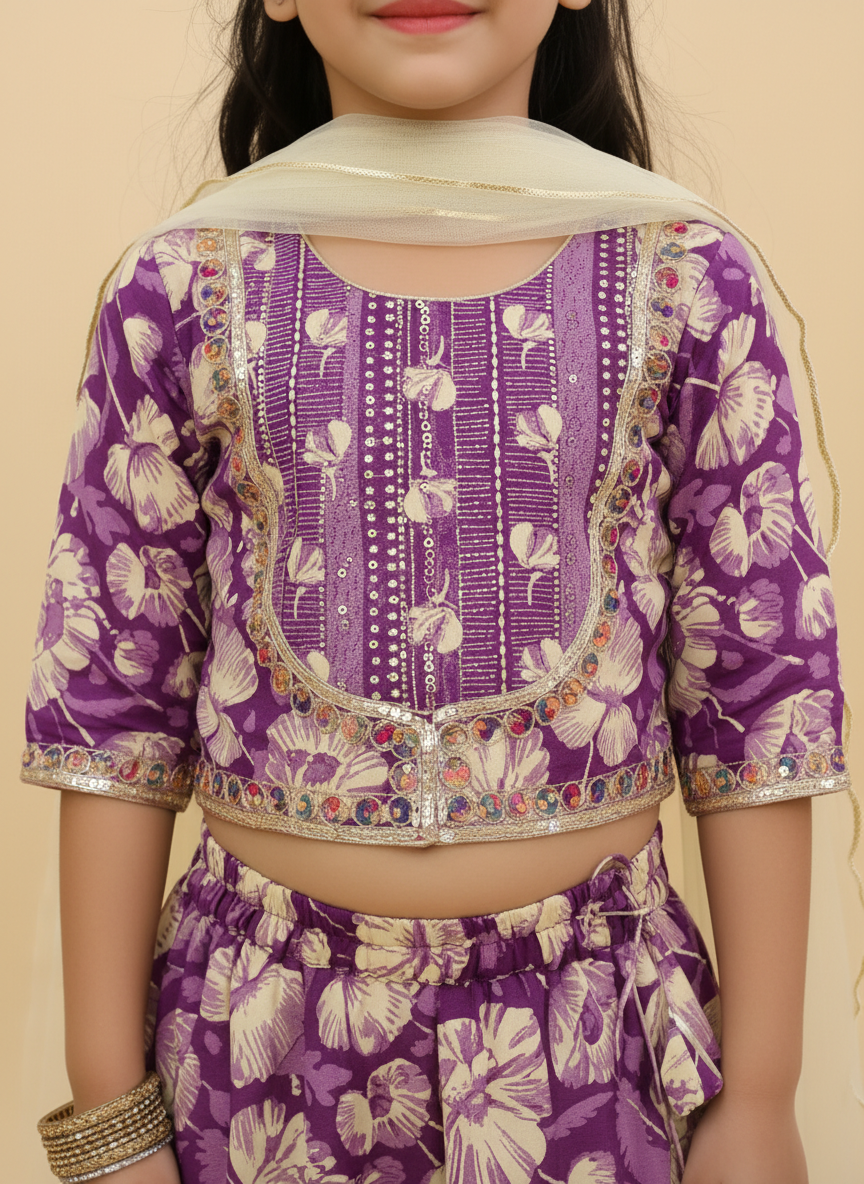 Girls Floral Printed Lehenga Choli Set Purple - close-up detail of blouse and embroidered yoke