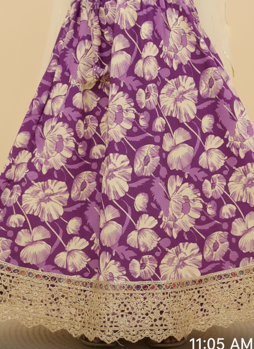 Girls Floral Printed Lehenga Choli Set Purple - close-up detail of lehenga and gold crochet border