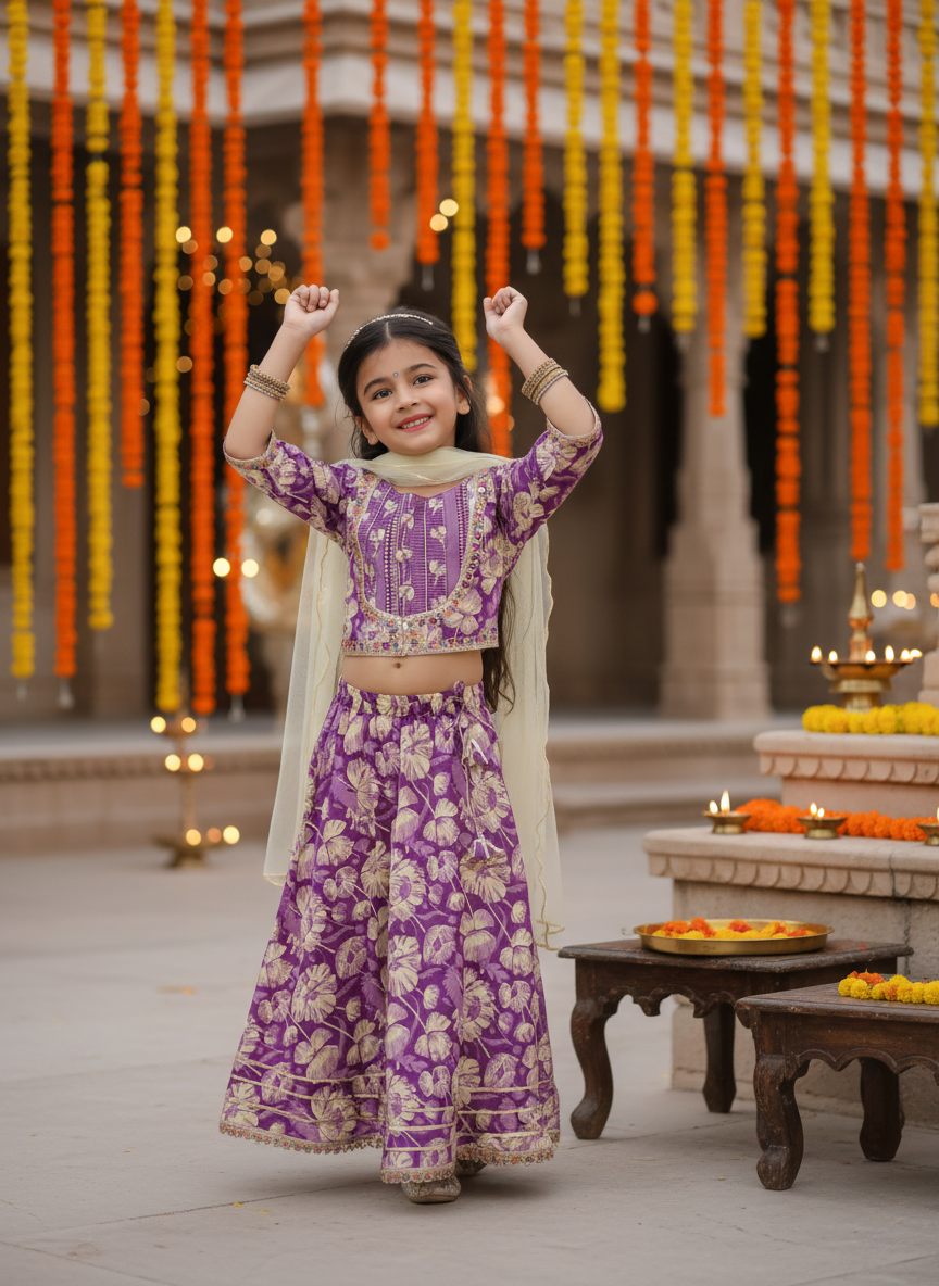 Girls Floral Printed Lehenga Choli Set Purple - festive lifestyle shot