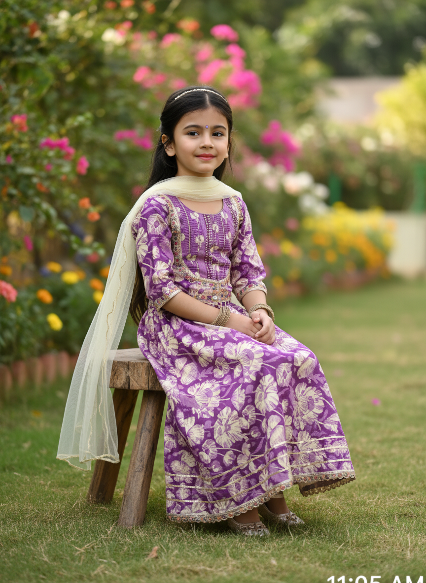 Girls Floral Printed Lehenga Choli Set Purple - lifestyle outdoor shot