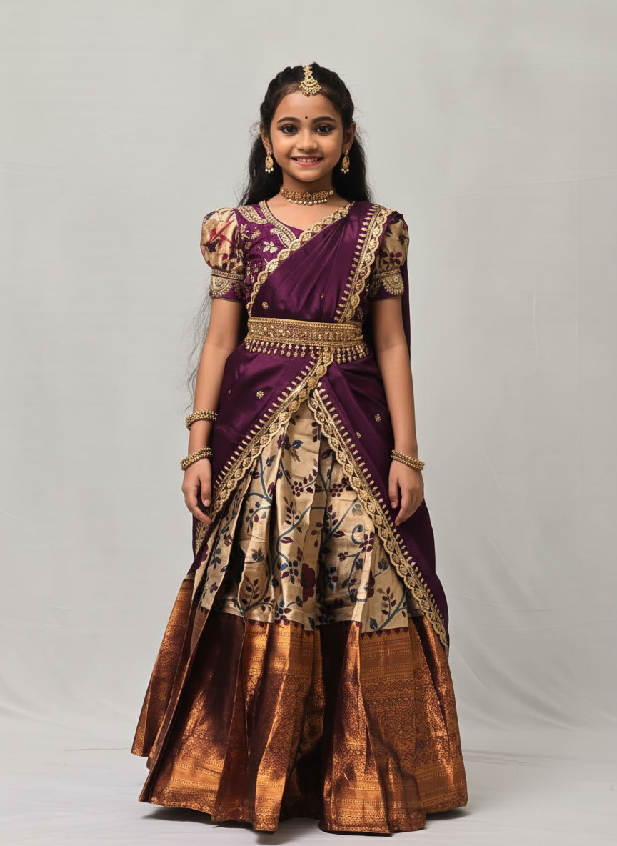 Girls Floral Zari Half Saree Set in Purple - Silk Half Saree for kids - front view