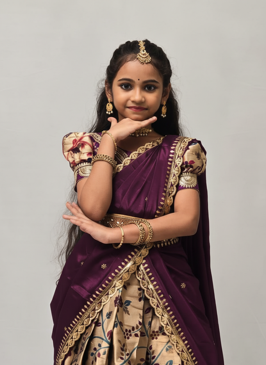 Girls Floral Zari Half Saree Set in Purple - close-up detail of blouse and zari border