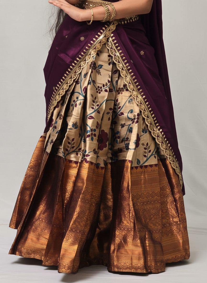 Girls Floral Zari Half Saree Set in Purple - close-up detail of lehenga floral print and gold zari border