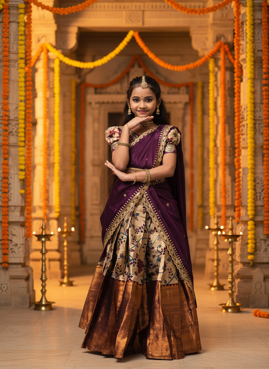 Girls Floral Zari Half Saree Set in Purple - festive lifestyle shot in traditional setting