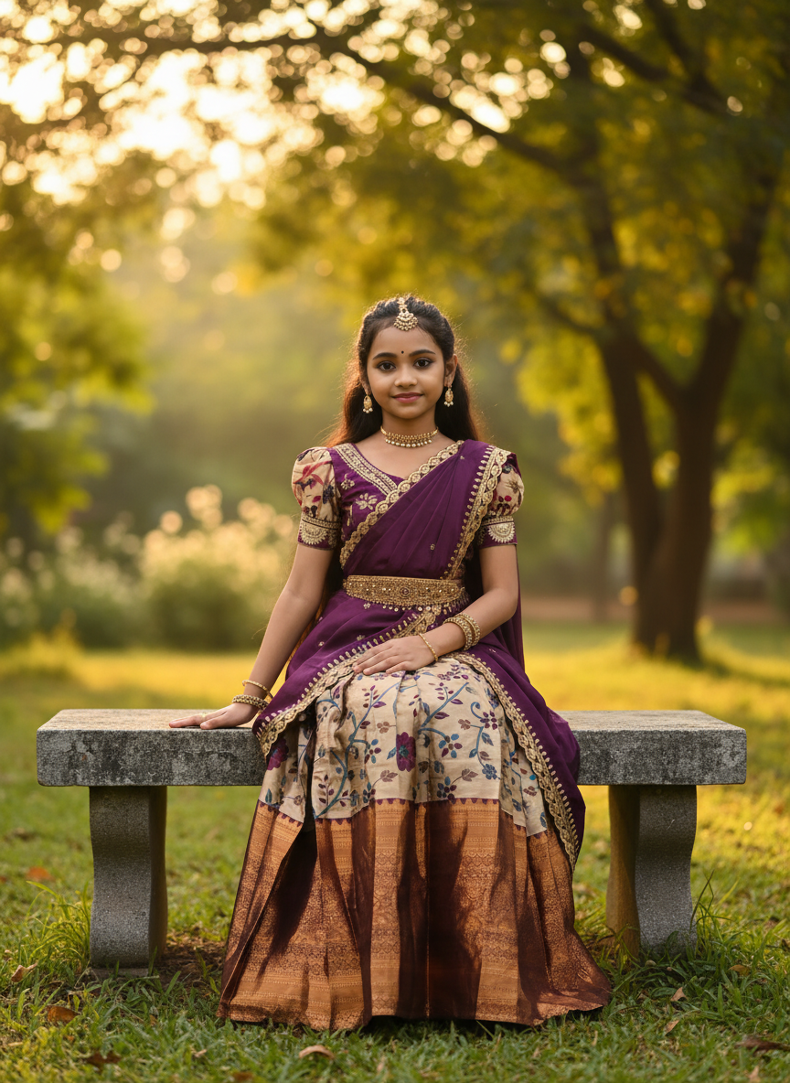 Girls Floral Zari Half Saree Set in Purple - seated garden lifestyle shot
