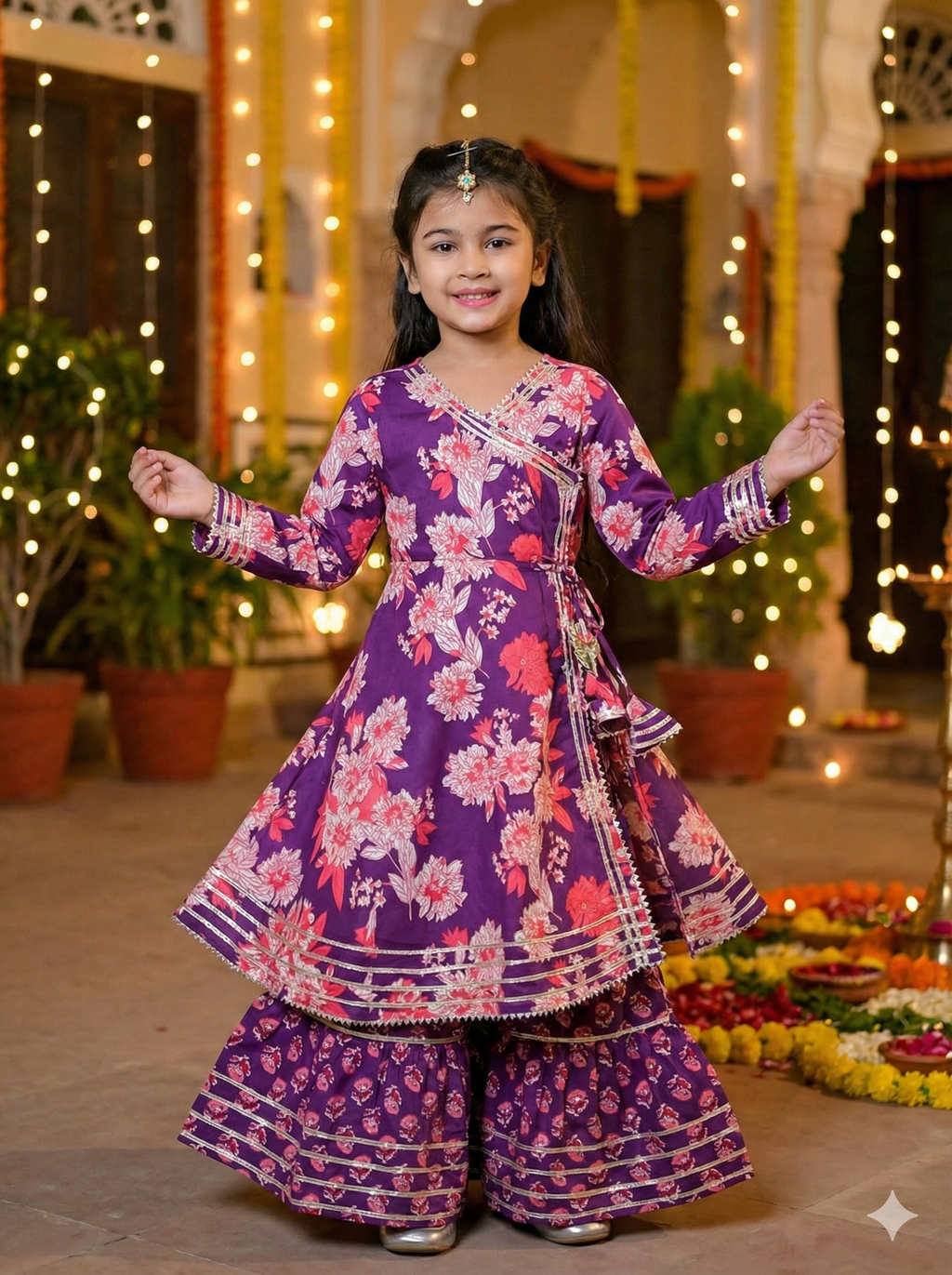Girls Floral Printed Kurta Sharara Set Purple - front view