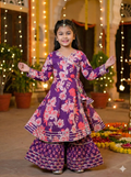 Girls Floral Printed Kurta Sharara Set Purple - front view