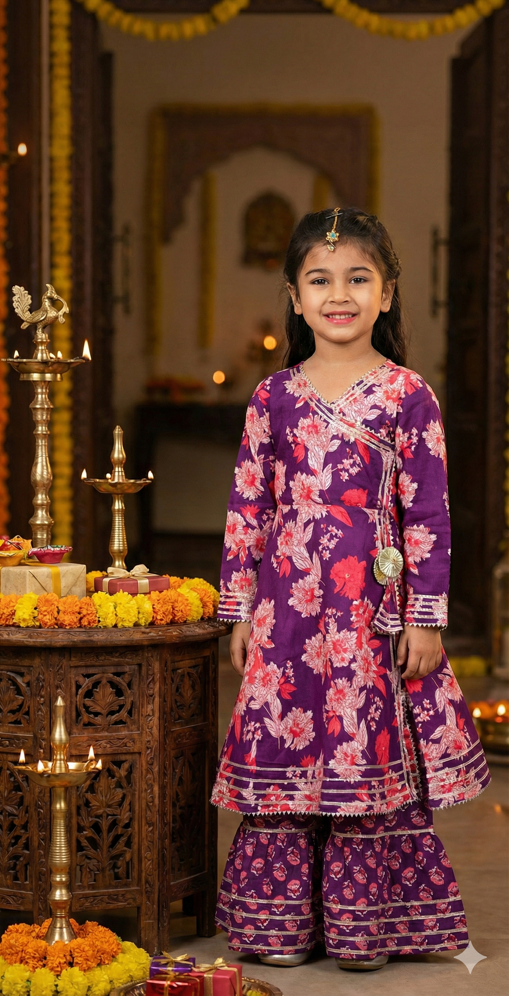 Girls Floral Printed Kurta Sharara Set Purple - festive lifestyle shot