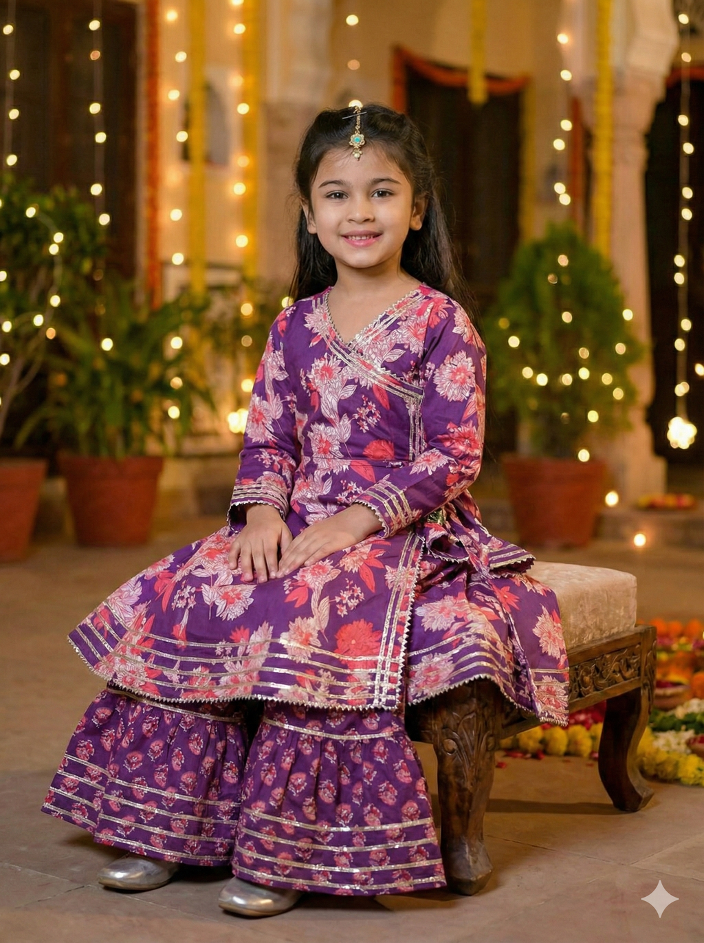 Girls Floral Printed Kurta Sharara Set Purple - lifestyle outdoor shot