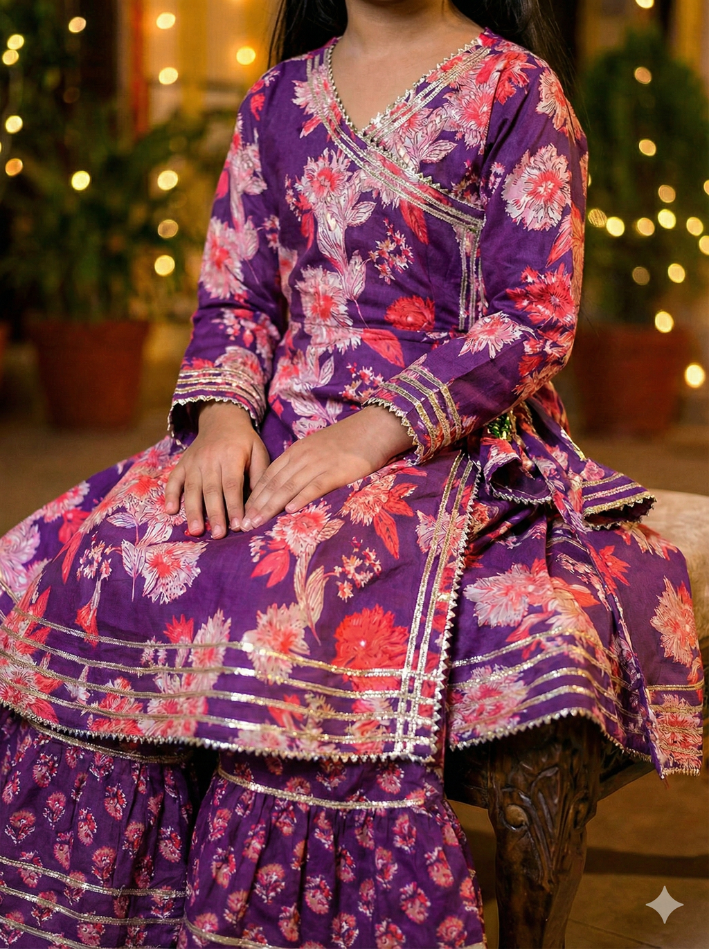 Girls Floral Printed Kurta Sharara Set Purple - close-up detail of kurta