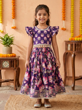 Girls Lotus Printed Lehenga Choli Set Purple - front view