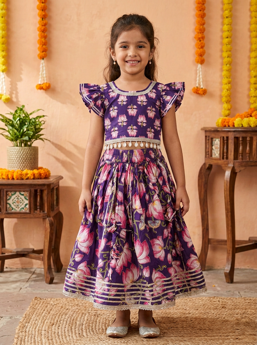 Girls Lotus Printed Lehenga Choli Set Purple - front view