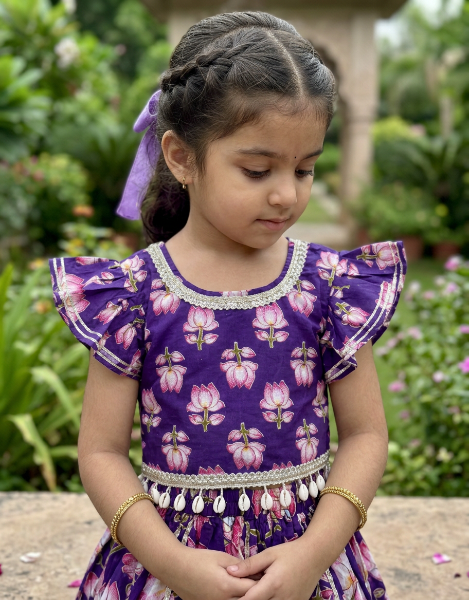 Girls Lotus Printed Lehenga Choli Set Purple - close-up detail of choli top